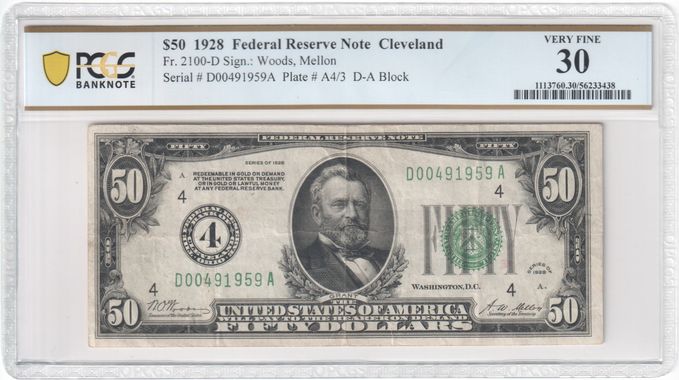 FR 2100-D 1928 $50 Federal Reserve Note, Green Seal, Cleveland, D-A Block
