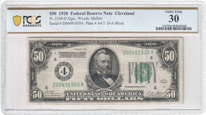 FR 2100-D 1928 $50 Federal Reserve Note, Green Seal, Cleveland, D-A Block