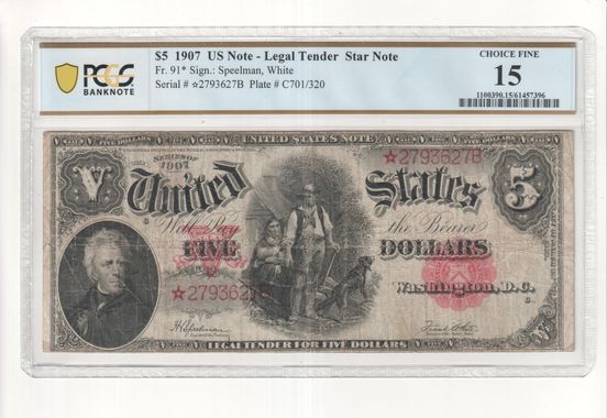 FR 91* 1907 $5 Legal Tender STAR NOTE