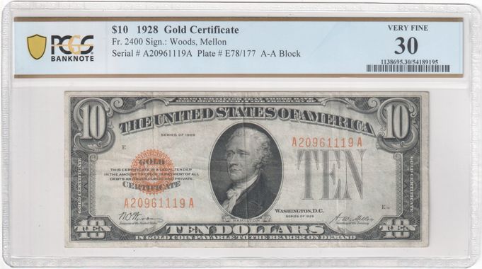 FR 2400 1928 $10 Gold Certificate, A-A Block