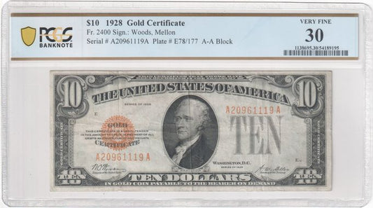 FR 2400 1928 $10 Gold Certificate, A-A Block