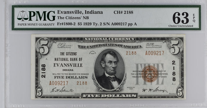 FR 1800-2 1929 $5 The Citizens NB Evansville Indiana CH# 2188