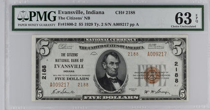 FR 1800-2 1929 $5 The Citizens NB Evansville Indiana CH# 2188