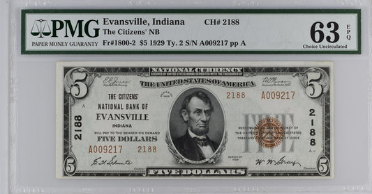 FR 1800-2 1929 $5 The Citizens NB Evansville Indiana CH# 2188