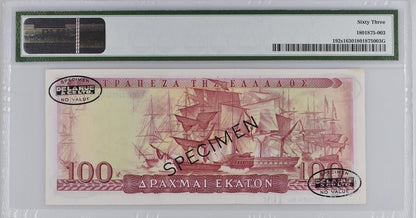 Greece P# 192s1 1954 Bank of Greece "SPECIMEN" 100 Drachmai PMG 63 #100 SPECIMEN to a 100DRX