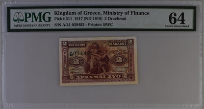Greece P# 311 1917 ND (1918) Kingdom of Greece Ministry of Finance 2 Drachmai PMG 64 Choice Uncirculated