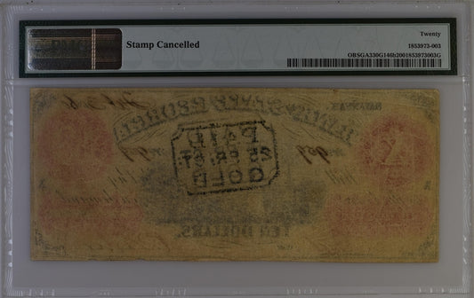 1850s-60s $10 Bank of the State of Georgia, Athens PAID IN GOLD STAMP CANCELLED