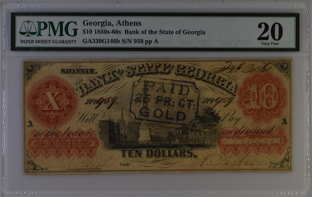 1850s-60s $10 Bank of the State of Georgia, Athens PAID IN GOLD STAMP CANCELLED