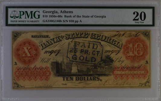 1850s-60s $10 Bank of the State of Georgia, Athens PAID IN GOLD STAMP CANCELLED