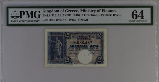 Greece P# 310 1917 ND (1918) Kingdom of Greece Ministry of Finance 2 Drachmai PMG 64 Choice UNC