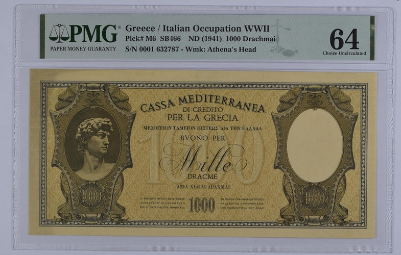 Greece P# M6 1941 ND (1941) Italian Occupation WWII 1000 Drachmai PMG 64 Choice UNC