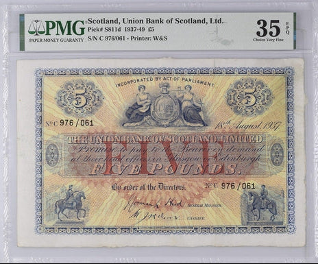 Scotland P# 811d 1937 Scotland Union Bank of Scotland Ltd 5 Pound