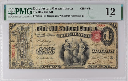 FR 380a $1 The Blue Hill NB Dorchester Massachusetts Original National Bank Notes
