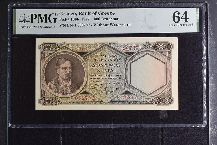 Greece P# 180b 1947 Bank of Greece 1000 Drachmai PMG 64 Choice UNC