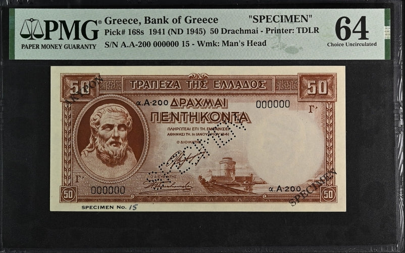 Greece P# 168s 1941 ND (1945) Bank of Greece "SPECIMEN" 50 Drachmai PMG 64 Choice UNC