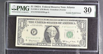 1963A $1 FRN Atlanta GUTTER FOLD ERROR