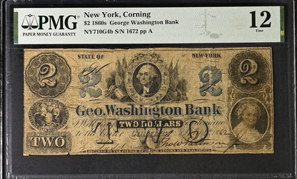 1860s $2 George Washington Bank New York, Corning EXTREMELY SCARCE
