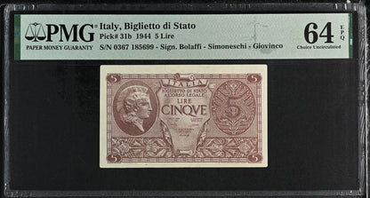 Italy P# 31b 1944 Italy Biglietto di Stato 5 Lire