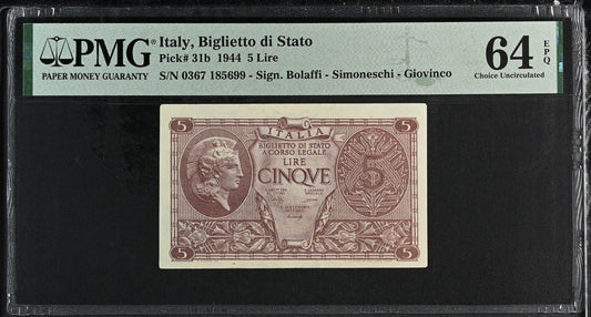 Italy P# 31b 1944 Italy Biglietto di Stato 5 Lire