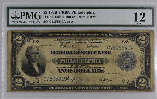 FR 756 1918 $2 FRBN Philadelphia
