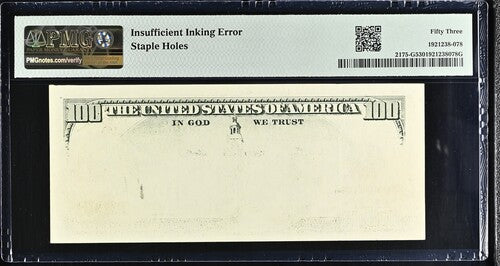 FR 2175-G 1996 $100 FRN INSUFFICIENT INKING ERROR