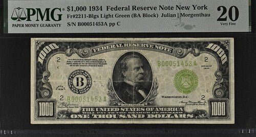 FR 2211-Blgs 1934 $1,000 Federal Reserve Note New York