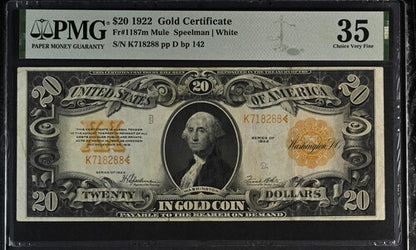 FR 1187m 1922 $20 Gold Certificate
