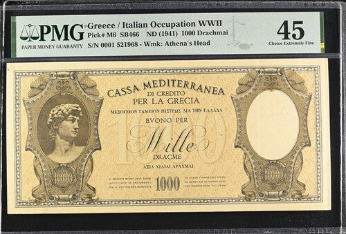 Greece P# M6 1941 Italian Occupation WWII 1000 Drachmai PMG 45 Choice EF