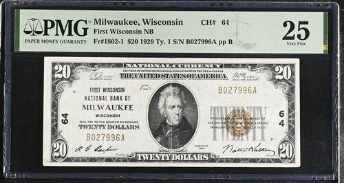 FR 1802-1 1929 $20 First Wisconsin NB Milwaukee Wisconsin CH # 64