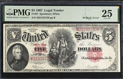 FR 91 1907 $5 Legal Tender PCBLIC ERROR