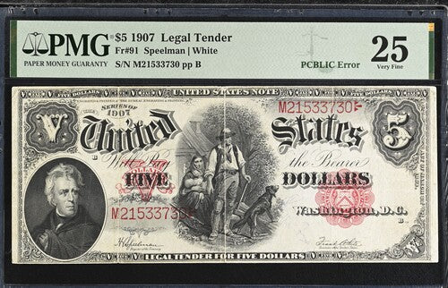 FR 91 1907 $5 Legal Tender PCBLIC ERROR