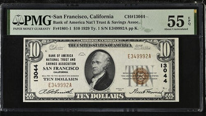FR 1801-1 1929 $10 Bank of America Nat'l Trust & Savings Assoc. San Francisco California Ty. 1