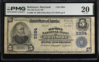 FR 608 1902 $5 The Old Town NB Baltimore Maryland Plain Back National Bank Notes