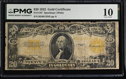 FR 1187 1922 $20 Gold Certificate