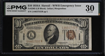 FR 2303 1934A $10 Hawaii WWII Emergency Issue