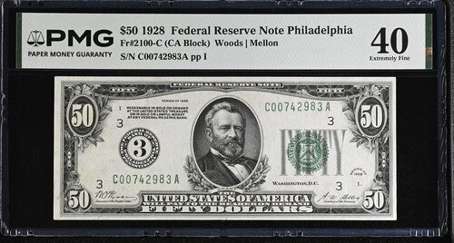 FR 2100-C 1928 $50 Federal Reserve Note Philadelphia "Numerical 3"