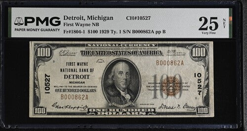 FR 1804-1 1929 $100 First Wayne NB Detroit Michigan CH# 10527