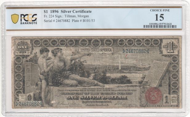 FR 224 1896 $1 Silver Certificate, Small Red with Rays