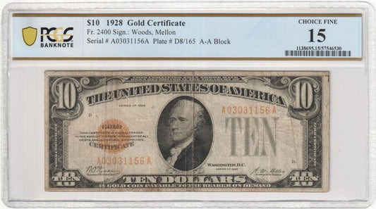 FR 2400 1928 $10 Gold Certificate, A-A Block