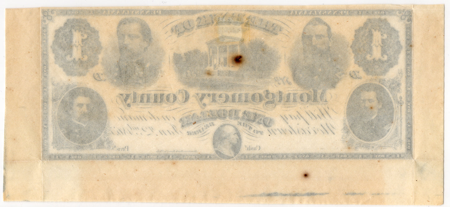 1865 $1 The Bank of Montgomery County Norristown, Pennsylvania Cut from UNCUT Sheet