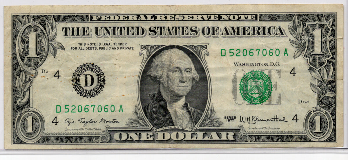 1977 $1 FRN WET INK TRANSFER ERROR PINHOLES