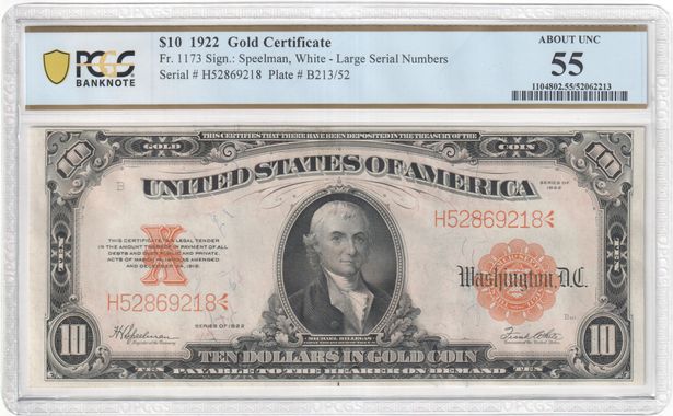 FR 1173 1922 $10 Gold Certificate, Large Serial Numbers, Gold