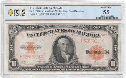 FR 1173 1922 $10 Gold Certificate, Large Serial Numbers, Gold