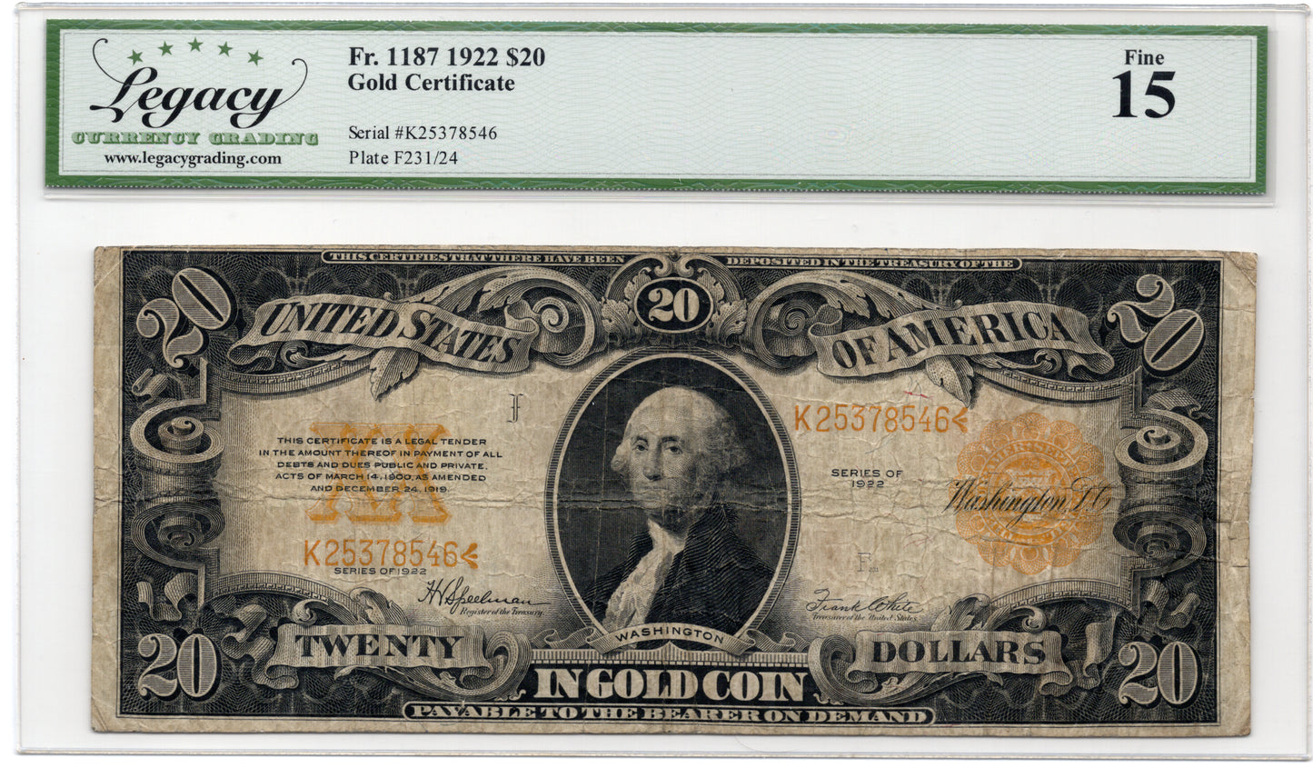 FR 1187 1922 $20 Gold Certificate