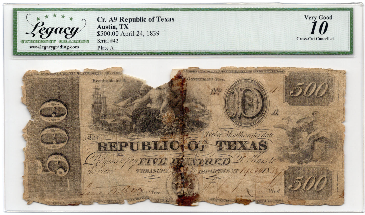 1839 $500 Republic of Austin Texas SCARCE
