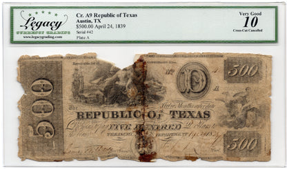 1839 $500 Republic of Austin Texas SCARCE