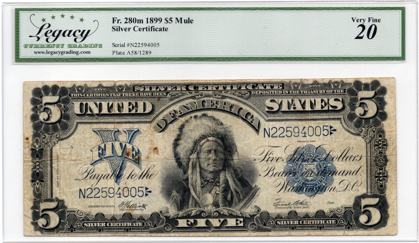 FR 280m 1899 $5 Silver Certificate MULE