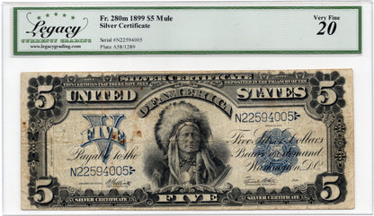 FR 280m 1899 $5 Silver Certificate MULE