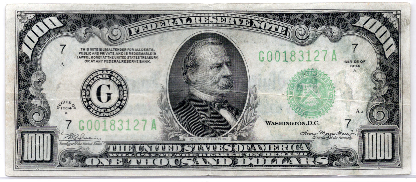 FR 2211-G 1934A $1000 Federal Reserve Note Pinholes