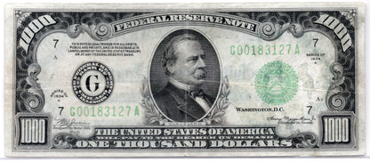 FR 2211-G 1934A $1000 Federal Reserve Note Pinholes